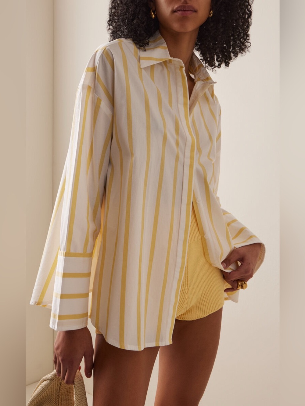 Elce Swim Reverie Cotton Oversized Button Down Cover Up Shirt Yellow Stripe M/L